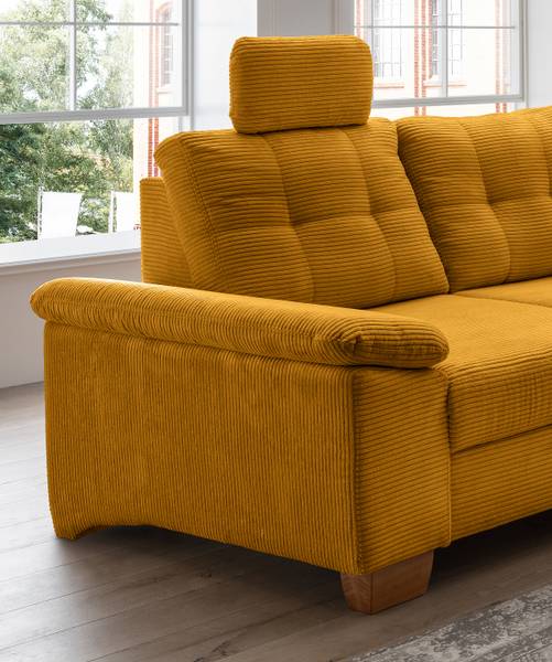Ecksofa Elolo mit Schlaffunktion Typ A Cordstoff Duana: Gold - Longchair davorstehend rechts