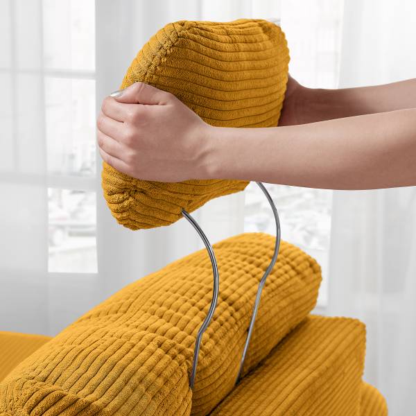 Ecksofa Elolo mit Schlaffunktion Typ A Cordstoff Duana: Gold - Longchair davorstehend rechts