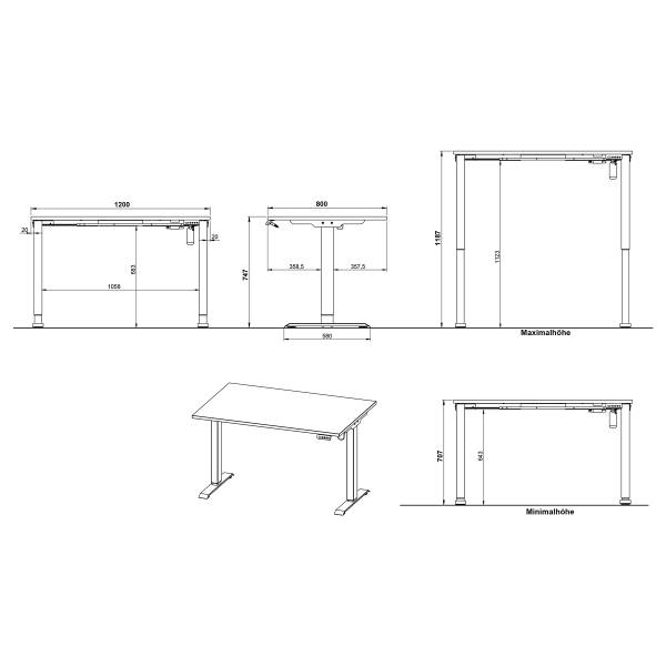 Bureau réglable en hauteur Boras Hauteur réglable - Blanc - Largeur : 120 cm - Argenté