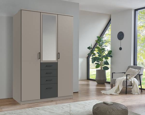 Armadio battente Cottbus grigio Sahara / grafite - Larghezza: 135 cm - Con ante a specchio