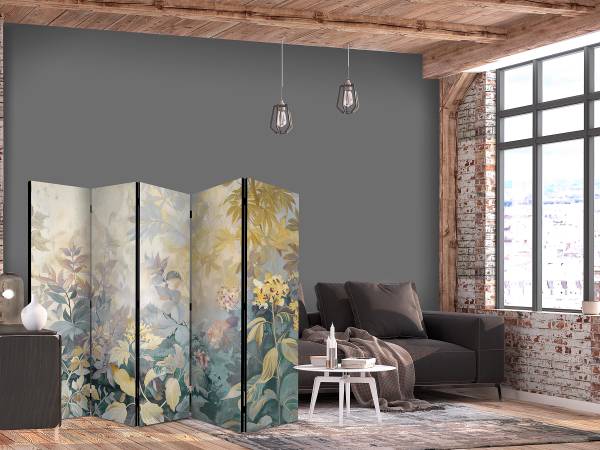 Paravent tapisserie 2 faces Intissé sur bois massif - vert / jaune - 225 x 172 cm