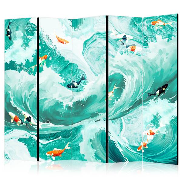 Paravent Koi Fish Among Waves 2-zijdig vlies op massief hout - turquoise/oranje - 225 x 172 cm