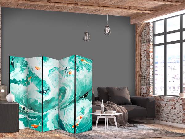 Paravent Koi Fish Among Waves 2-zijdig vlies op massief hout - turquoise/oranje - 225 x 172 cm