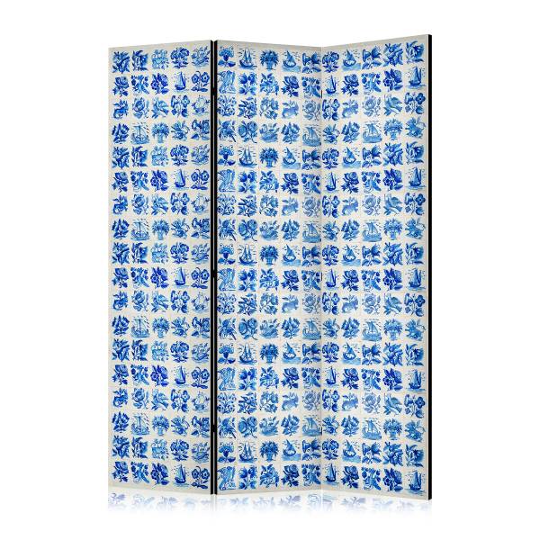 Paravent Ceramic Tiles 2-zijdig vlies op massief hout - blauw - 135 x 172 cm