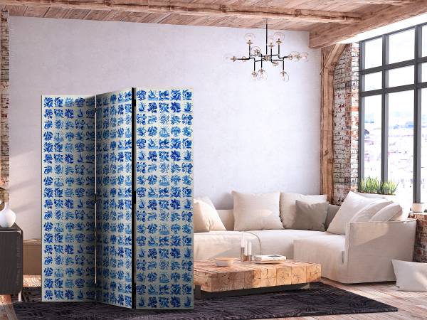 Paravent Ceramic Tiles 2-zijdig vlies op massief hout - blauw - 135 x 172 cm