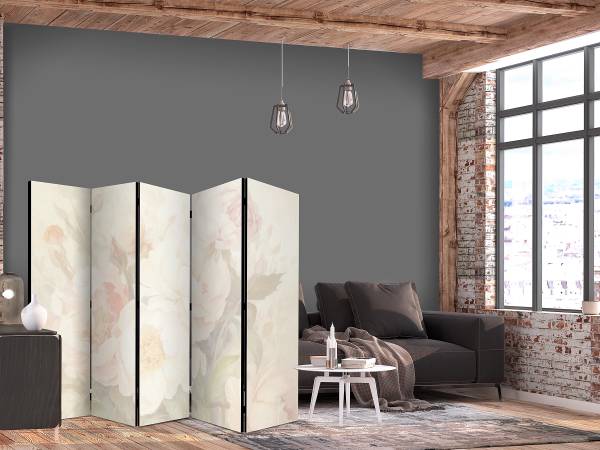 Paravent Bright Peonies 2-seitig Vlies auf Massivholz - Beige / Grau - 225 x 172 cm