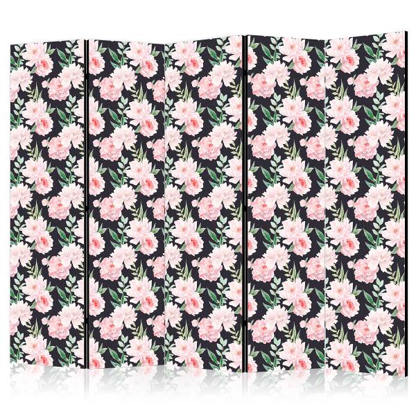 Paravent pivoines 2 faces Intissé sur bois massif - rose / noir - 225 x 172 cm