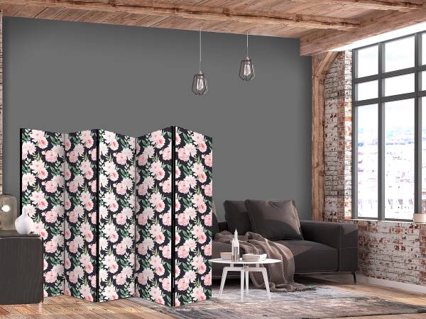 Paravent pivoines 2 faces Intissé sur bois massif - rose / noir - 225 x 172 cm