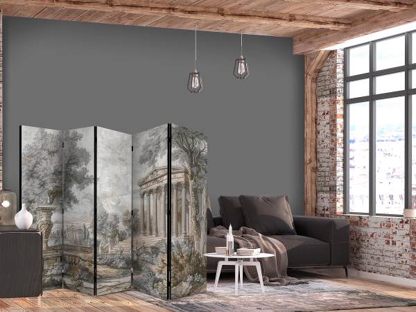 Paravent Antique Landscape 2-seitig Vlies auf Massivholz - Grau / Grün - 225 x 172 cm