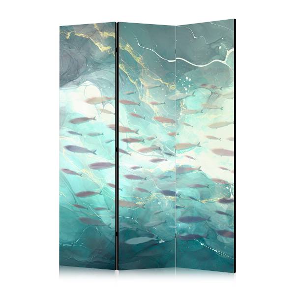 Paravent Escaping Fish 2-zijdig vlies op massief hout - turquoise/blauw - 135 x 172 cm