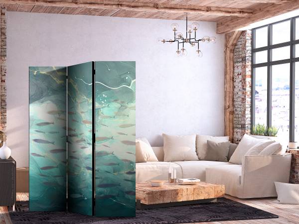 Paravent Escaping Fish 2-zijdig vlies op massief hout - turquoise/blauw - 135 x 172 cm