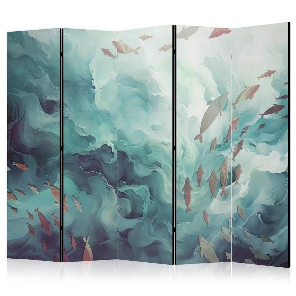 Paravent Three Schools of Fish 2-seitig Vlies auf Massivholz - Türkis - 225 x 172 cm
