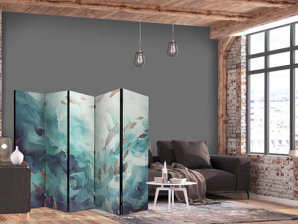 Paravent Three Schools of Fish 2-seitig Vlies auf Massivholz - Türkis - 225 x 172 cm