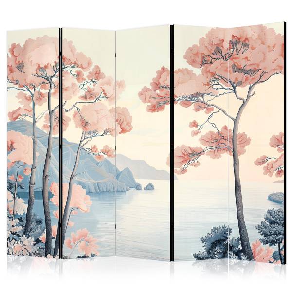 Paravent Landscape with Ocean 2-zijdig vlies op massief hout - beige/roze - 225 x 172 cm