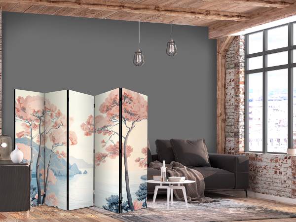 Paravent Landscape with Ocean 2-zijdig vlies op massief hout - beige/roze - 225 x 172 cm