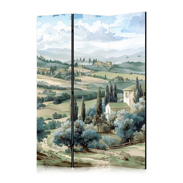 Akoestisch paravent Green Fields & Trees vlies op massief hout - groen/blauw - 135 x 172 cm