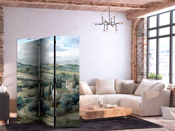 Akoestisch paravent Green Fields & Trees vlies op massief hout - groen/blauw - 135 x 172 cm
