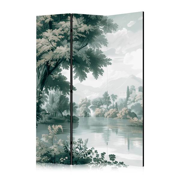 Akustik-Paravent View of Park & Lake Vlies auf Massivholz - Grau / Grün - 135 x 172 cm