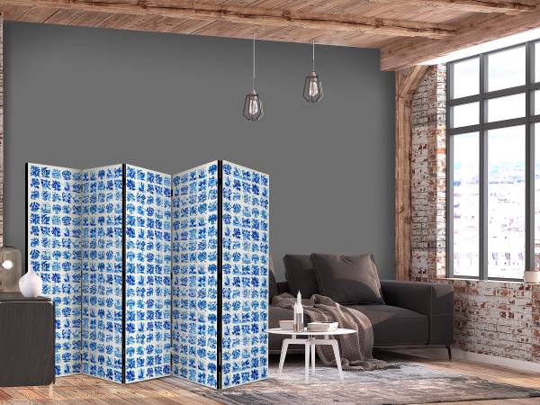Akustik-Paravent Ceramic Tiles Vlies auf Massivholz - Blau / Grau - 225 x 172 cm