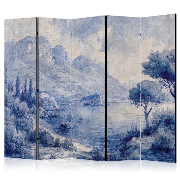 Akustik-Paravent Italian Landscape Vlies auf Massivholz - Grau / Blau - 225 x 172 cm