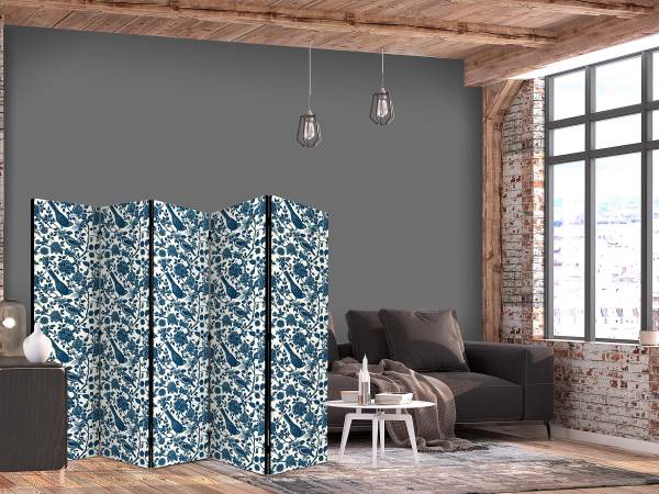 Akustik-Paravent Rose Vines Vlies auf Massivholz - Blau / Grau - 225 x 172 cm