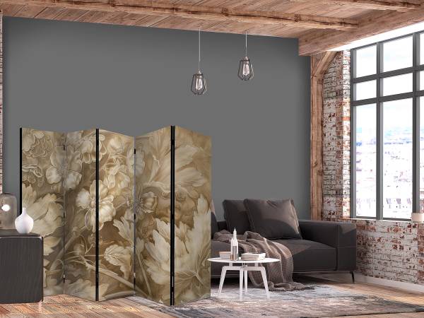 Paravent ornements floraux 1 face intissé sur bois massif - beige / marron - 225 x 172 cm