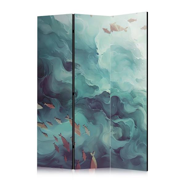 Paravent Three Schools of Fish 1-seitig Vlies auf Massivholz - Grau / Beige - 135 x 172 cm