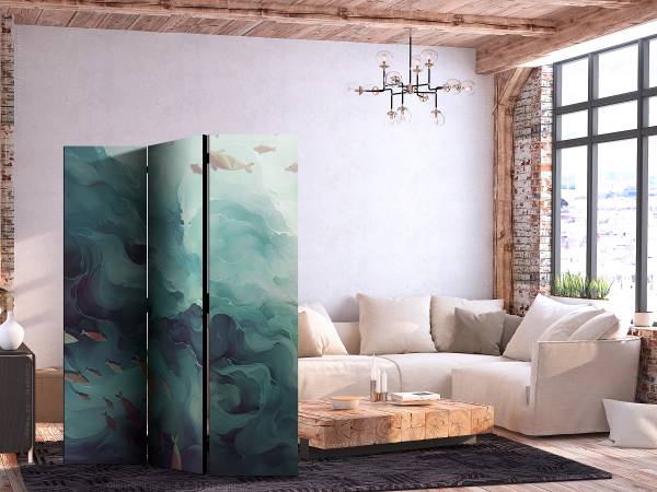 Paravent Three Schools of Fish 1-seitig Vlies auf Massivholz - Grau / Beige - 135 x 172 cm