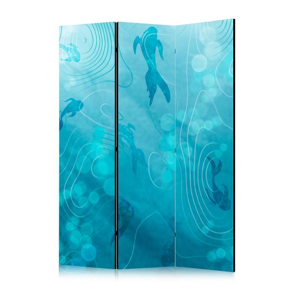 Paravent koï sous l’eau 2 faces intissé sur bois massif - turquoise / bleu - 135 x 172 cm