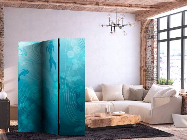 Paravent koï sous l’eau 2 faces intissé sur bois massif - turquoise / bleu - 135 x 172 cm