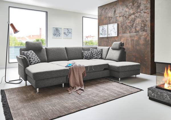 funzione letto opzionale Tessuto Unni: grigio acciaio - Longchair preimpostata a sinistra / penisola a destra - Funzione letto