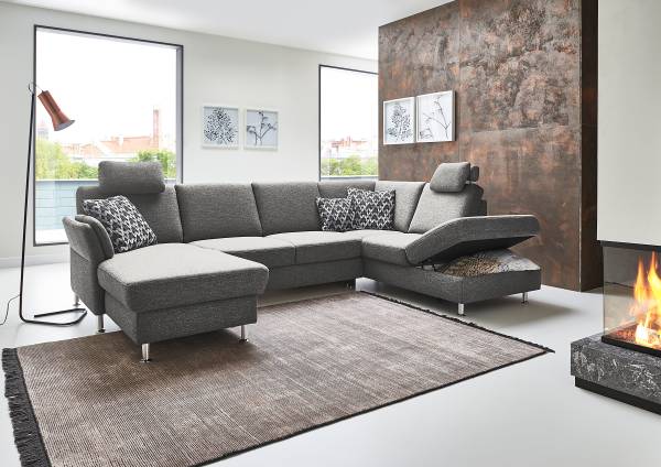 funzione letto opzionale Tessuto Unni: grigio acciaio - Longchair preimpostata a sinistra / penisola a destra - Funzione letto