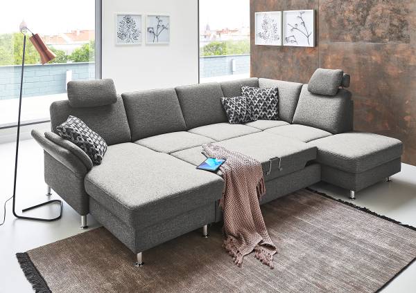 funzione letto opzionale Tessuto Unni: grigio acciaio - Longchair preimpostata a sinistra / penisola a destra - Funzione letto