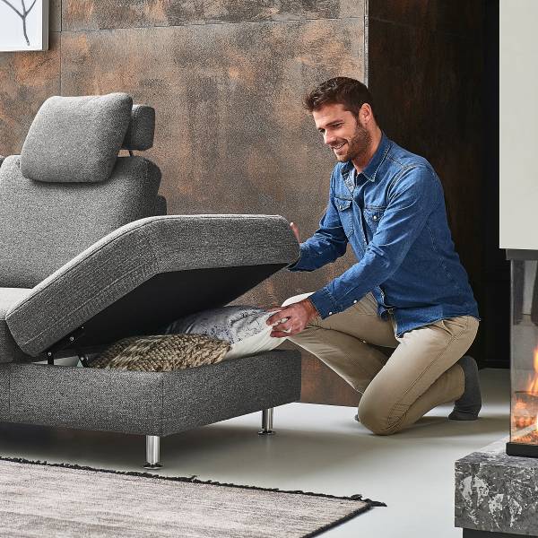 funzione letto opzionale Tessuto Unni: grigio acciaio - Longchair preimpostata a sinistra / penisola a destra - Funzione letto