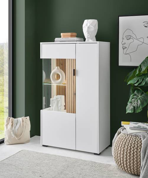 Credenza Habuta Bianco / Effetto quercia Evoke - Anta in vetro a sinistra