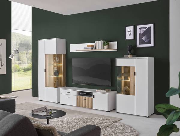 Credenza Habuta Bianco / Effetto quercia Evoke - Anta in vetro a sinistra