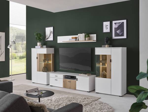 Credenza Habuta Bianco / Effetto quercia Evoke - Anta in vetro a sinistra