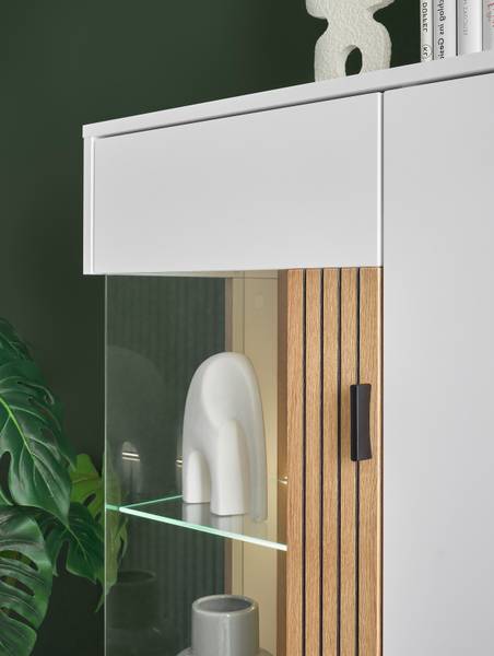Credenza Habuta Bianco / Effetto quercia Evoke - Anta in vetro a sinistra