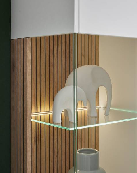 Credenza Habuta Bianco / Effetto quercia Evoke - Anta in vetro a sinistra