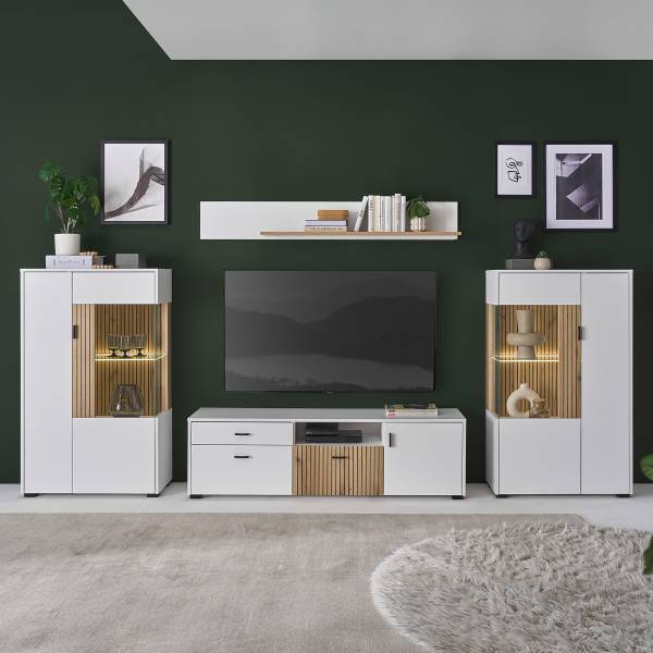 Wohnwand Habuta 4-teilig 2 Highboards Weiß / Eiche Evoke Dekor