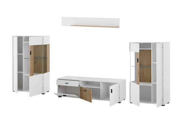 Wohnwand Habuta 4-teilig 2 Highboards Weiß / Eiche Evoke Dekor