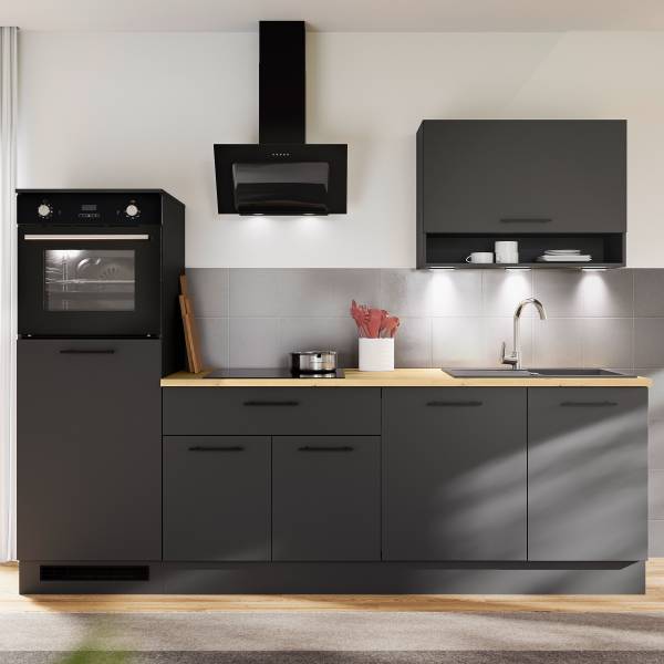 Küchenzeile Krusau Breite 260 cm Matt Schwarz - Mit Beleuchtung - Ohne Elektrogeräte