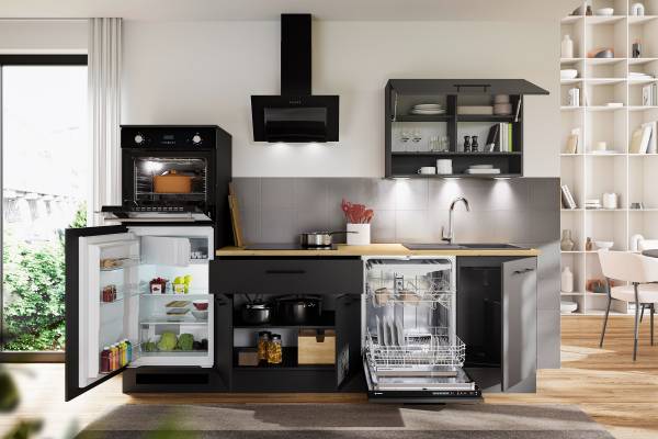 Küchenzeile Krusau Breite 260 cm Matt Schwarz - Mit Beleuchtung - Ohne Elektrogeräte