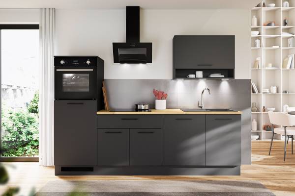 Küchenzeile Krusau Breite 260 cm Matt Schwarz - Mit Beleuchtung - Ohne Elektrogeräte