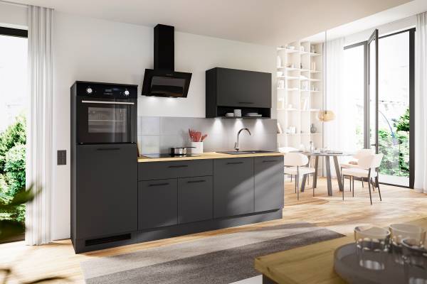 Küchenzeile Krusau Breite 260 cm Matt Schwarz - Mit Beleuchtung - Ohne Elektrogeräte