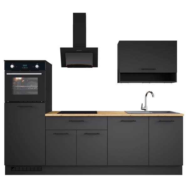 Küchenzeile Krusau Breite 260 cm Matt Schwarz - Mit Beleuchtung - Ohne Elektrogeräte