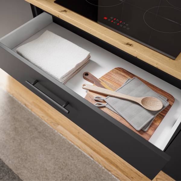 Küchenzeile Krusau Breite 260 cm Matt Schwarz - Mit Beleuchtung - Ohne Elektrogeräte