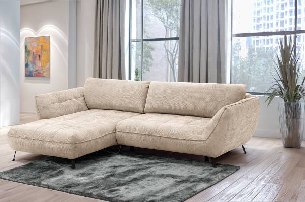 Hoekbank Ikoro met slaapfunctie Structuurstof Floria: Kasjmier - chaise longue vooraanzicht links
