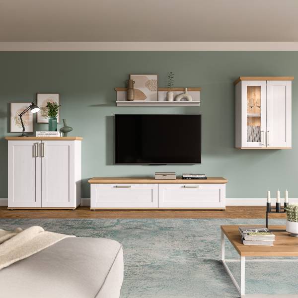 Wandmeubelset Damflos 4dlg 1 hangvitrine witte pijnboomhouten look/Artisan eikenhouten look