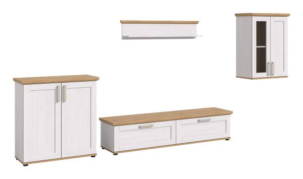 Wandmeubelset Damflos 4dlg 1 hangvitrine witte pijnboomhouten look/Artisan eikenhouten look